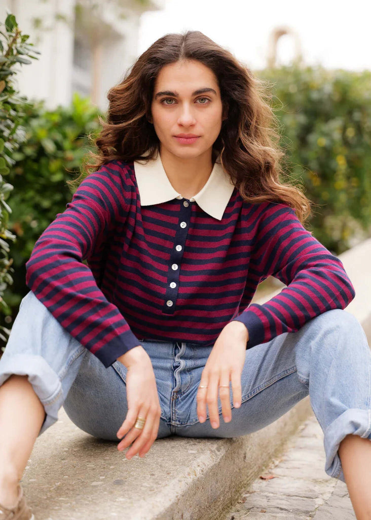 Taylor Polo Shirt — Model in striped top and jeans — MYFASHIONFRUIT