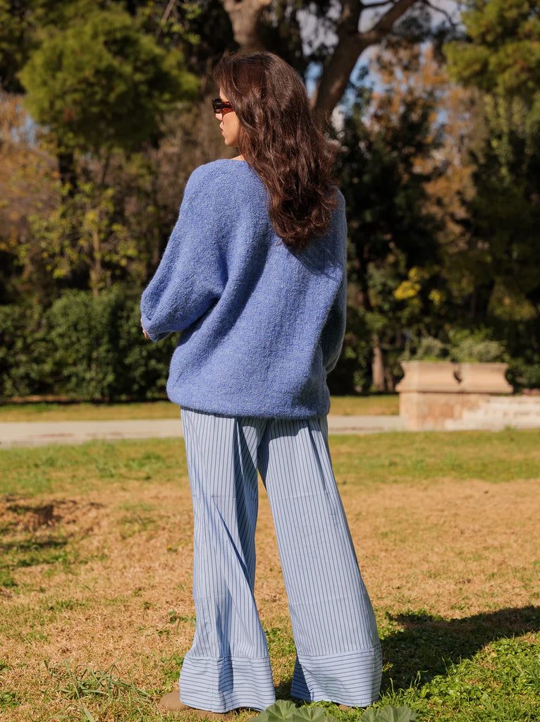 Jojo Pants — Blue striped wide-leg pants on model — MYFASHIONFRUIT