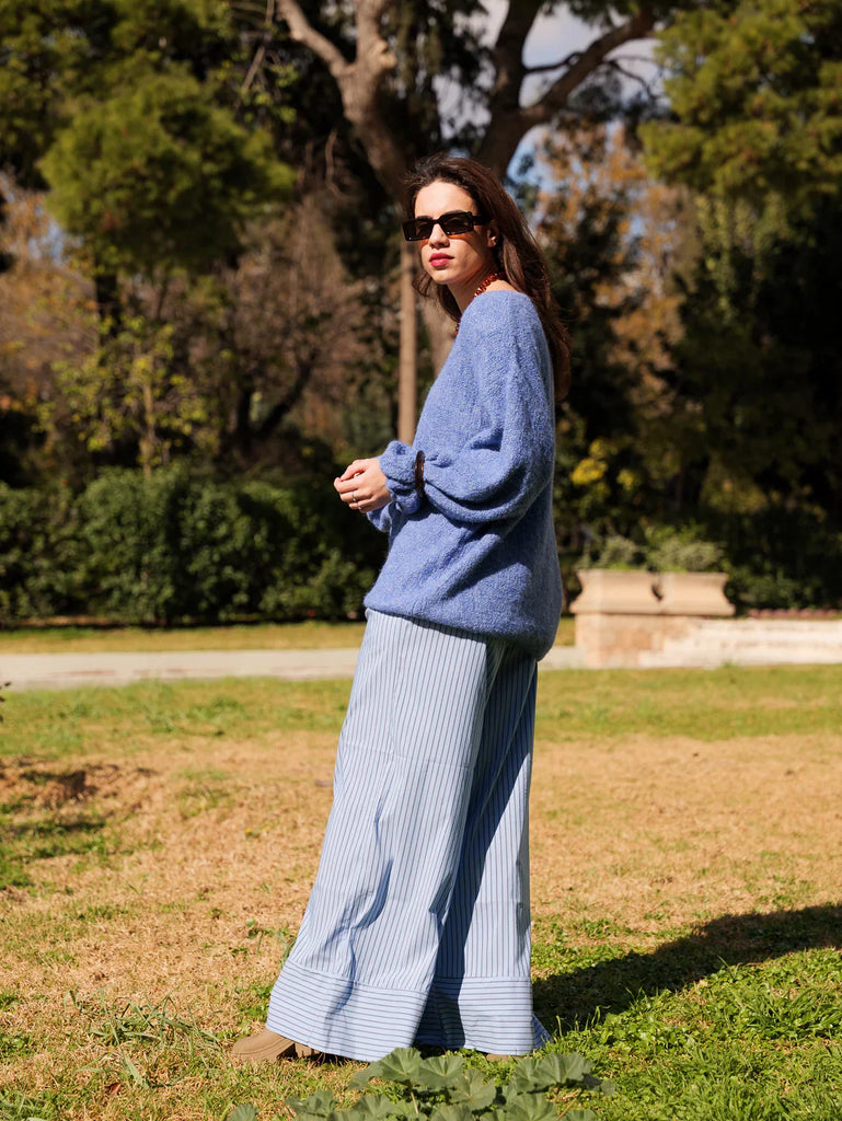 Jojo Pants — Blue stripe wide leg pants on model — MYFASHIONFRUIT