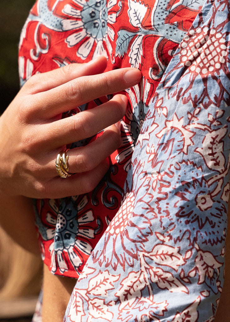 Mehar Double-sided Top — Detail of mixed floral print, on model — MYFASHIONFRUIT
