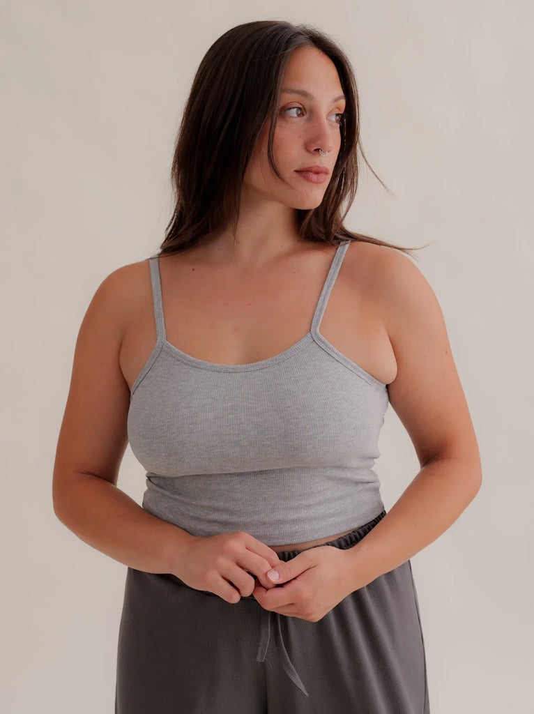 Calm Cami — Grey ribbed cami on model — MYFASHIONFRUIT