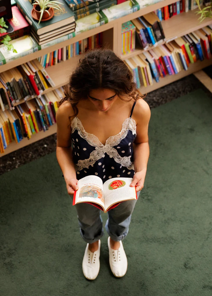 Betsy Top — on model, polka dot with lace trim — MYFASHIONFRUIT