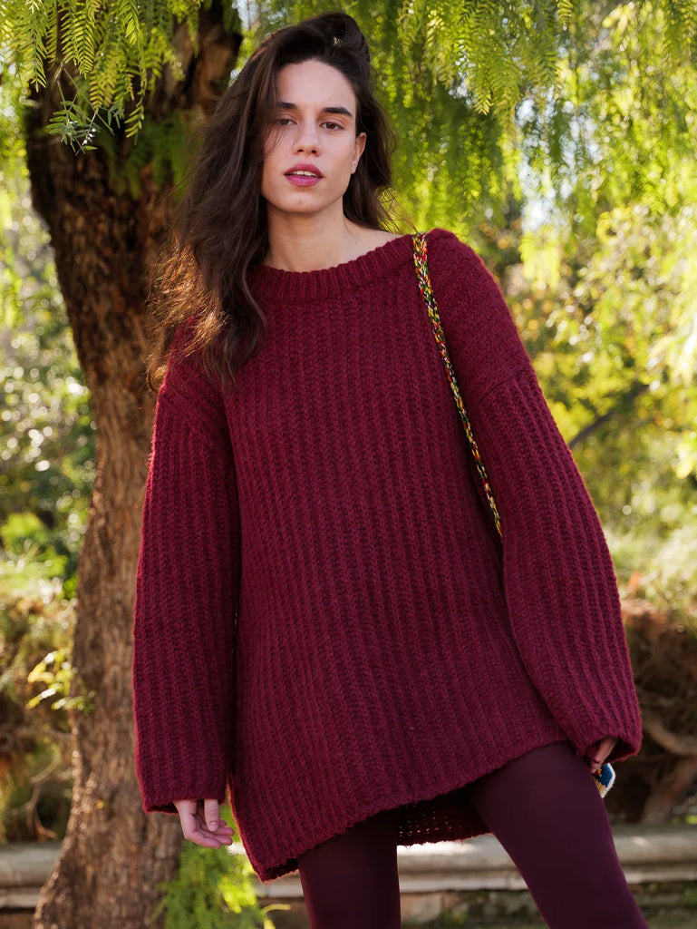 Kira Sweater — Burgundy knit on model — MYFASHIONFRUIT