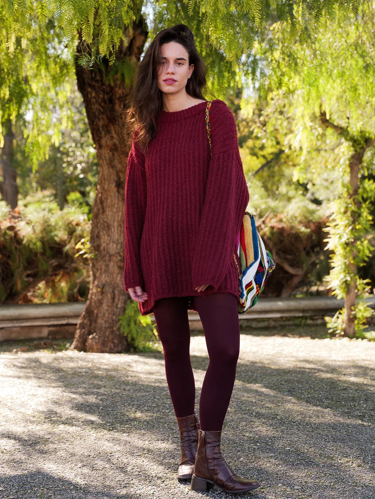 Kira Sweater — Burgundy sweater on model, with leggings and boots — MYFASHIONFRUIT