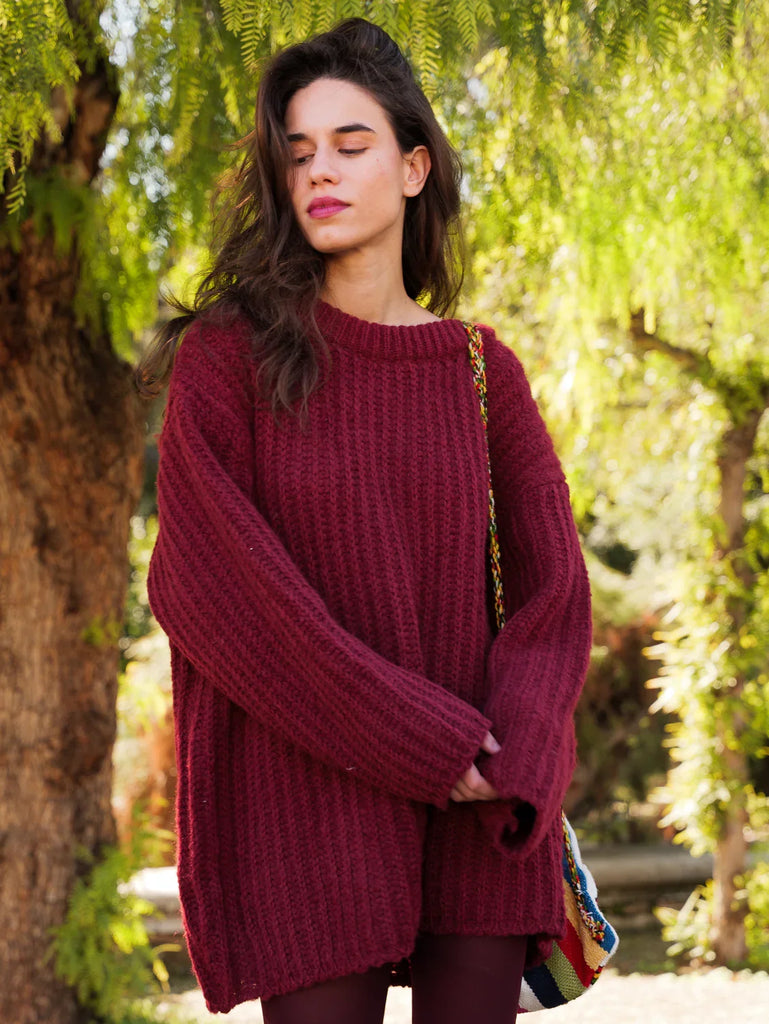 Kira Sweater — Burgundy knit on model — MYFASHIONFRUIT