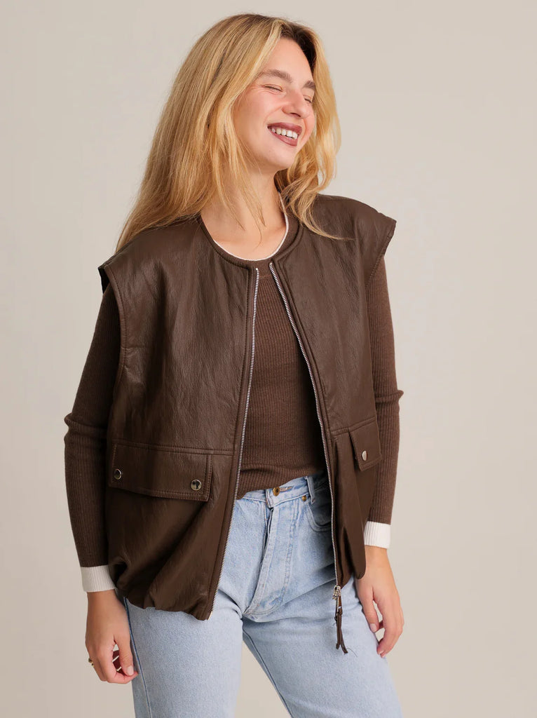 Kim Rider Vest — Brown faux leather vest on model — MYFASHIONFRUIT