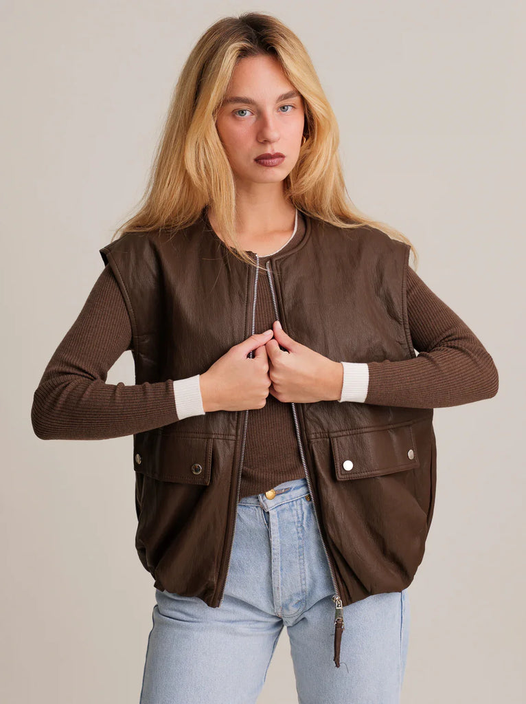 Kim Rider Vest — Brown leather vest on model — MYFASHIONFRUIT