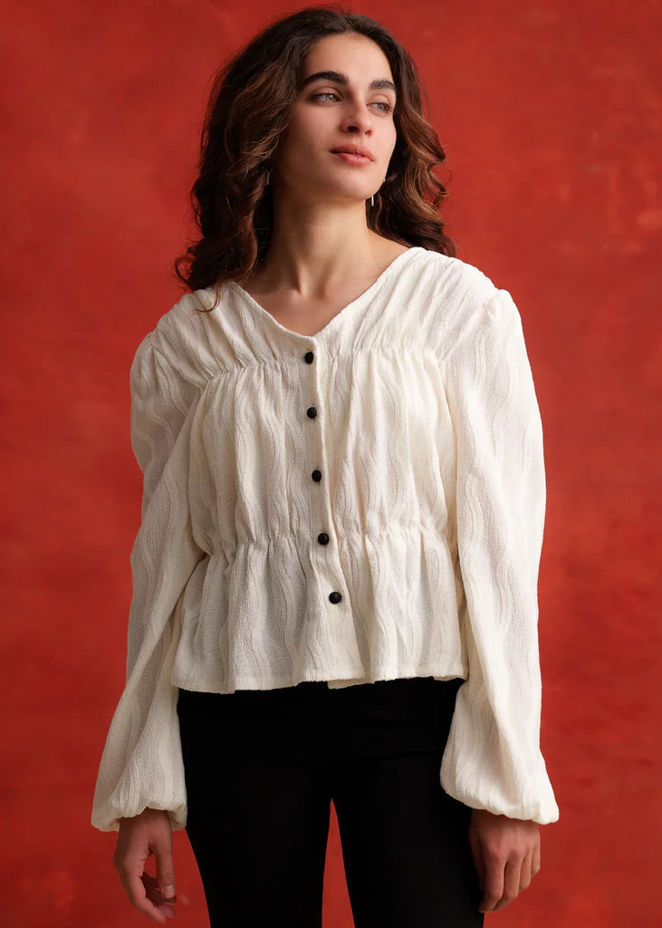 Mika Top — White textured blouse on model — MYFASHIONFRUIT