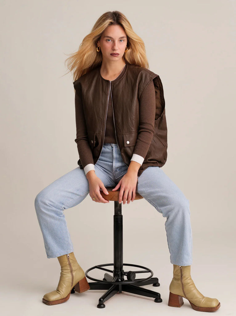 Kim Rider Vest — Brown leather vest on model — MYFASHIONFRUIT