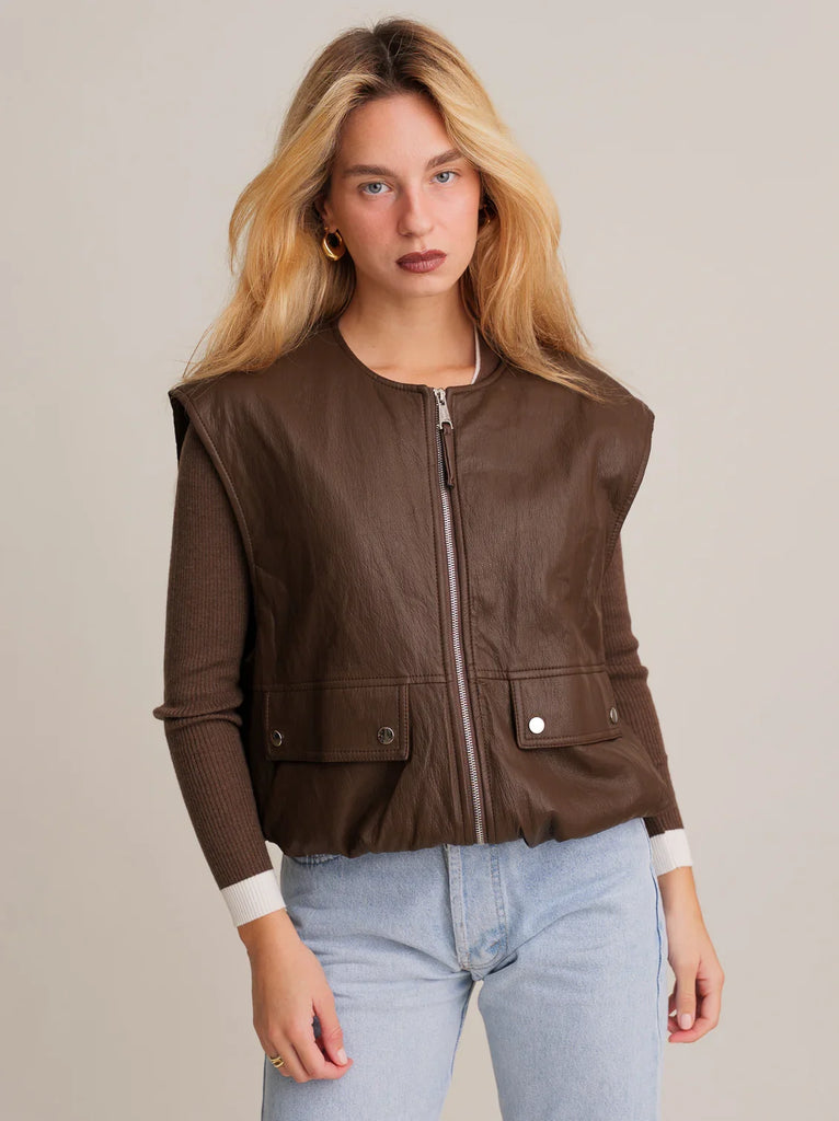 Kim Rider Vest — Brown faux leather vest on model — MYFASHIONFRUIT