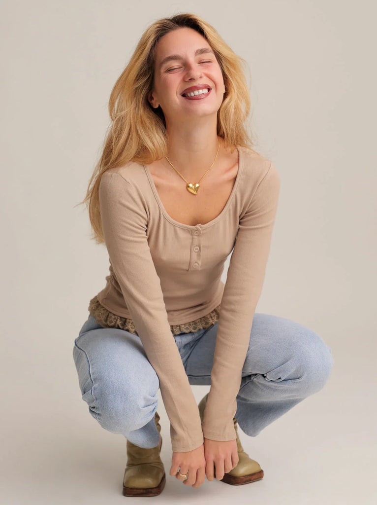 Calvina Top — Beige top with lace, on model — MYFASHIONFRUIT