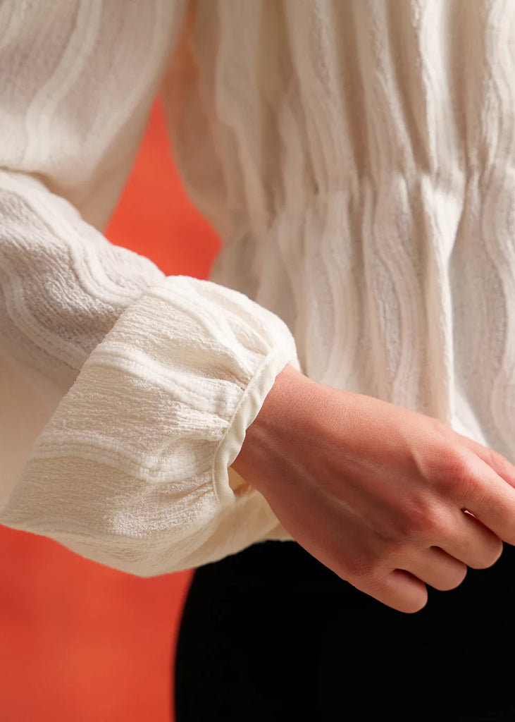 Mika Top — Textured cream blouse detail on model — MYFASHIONFRUIT