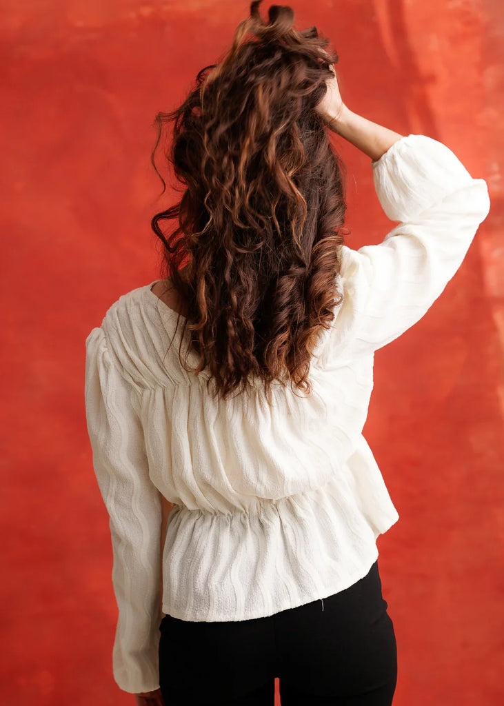 Mika Top — Cream long-sleeve crinkle top on model — MYFASHIONFRUIT
