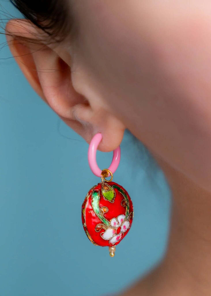 Set of Mood Charms — detail, pink hoop earring with red floral charm — MYFASHIONFRUIT