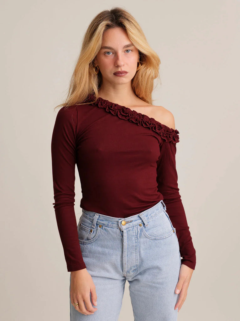 Amor Top — Burgundy top w/ ruffle detail on model — MYFASHIONFRUIT