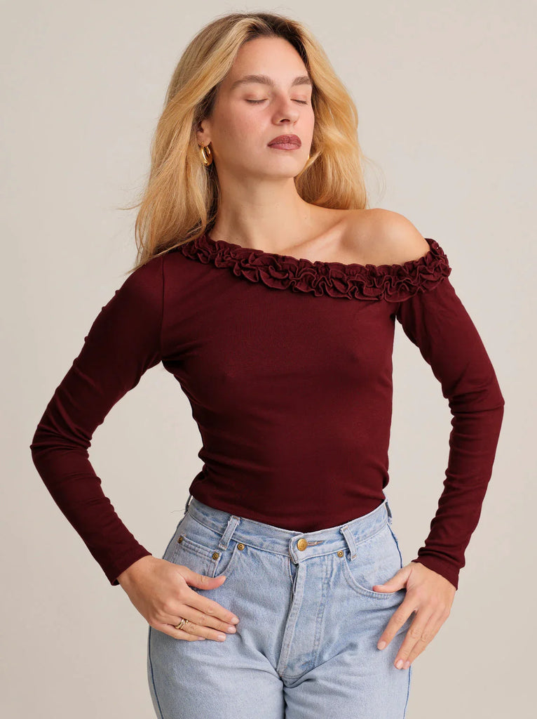 Amor Top — burgundy, ruffled top on model — MYFASHIONFRUIT