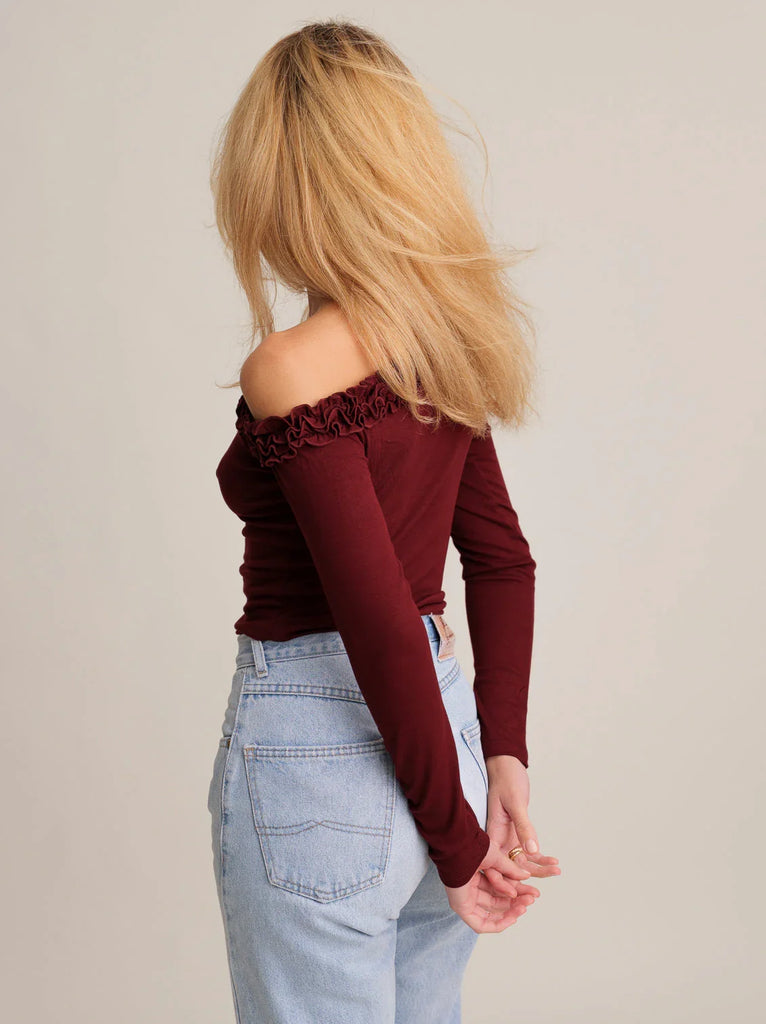 Amor Top — Burgundy off-shoulder top on model — MYFASHIONFRUIT