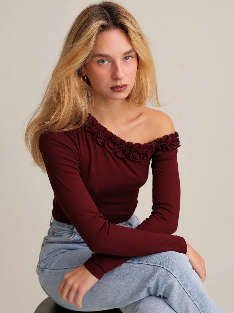 Amor Top — burgundy, ruffled, one-shoulder top on model — MYFASHIONFRUIT