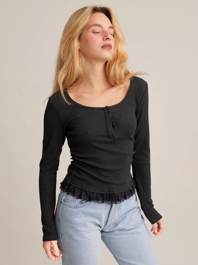 Calvina Top — Black button-up long sleeve with lace, on model — MYFASHIONFRUIT