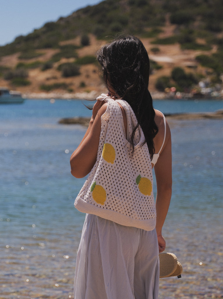 Citron Crochet Bag — Bag with lemon patches on model — MYFASHIONFRUIT