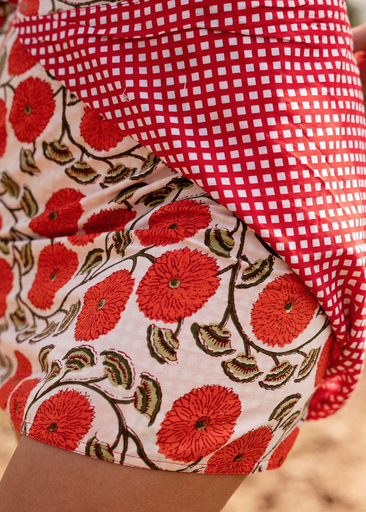 Naia Double-sided Skirt — floral & red gingham detail on model — MYFASHIONFRUIT