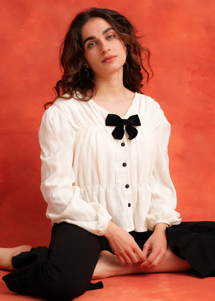 Mika Top — White blouse with bow on model — MYFASHIONFRUIT