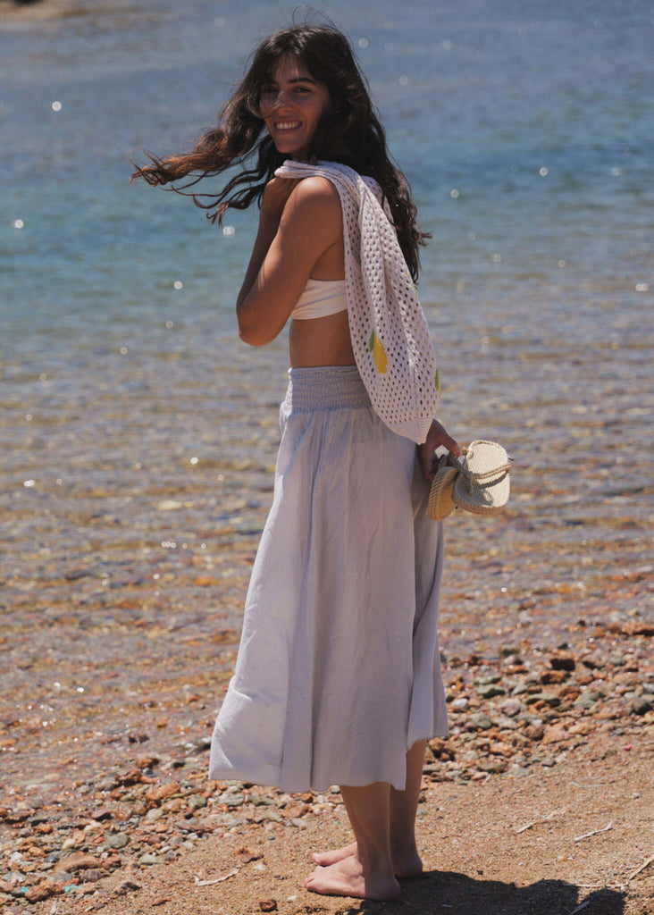 Citron Crochet Bag — model with bag, skirt, sandals — MYFASHIONFRUIT