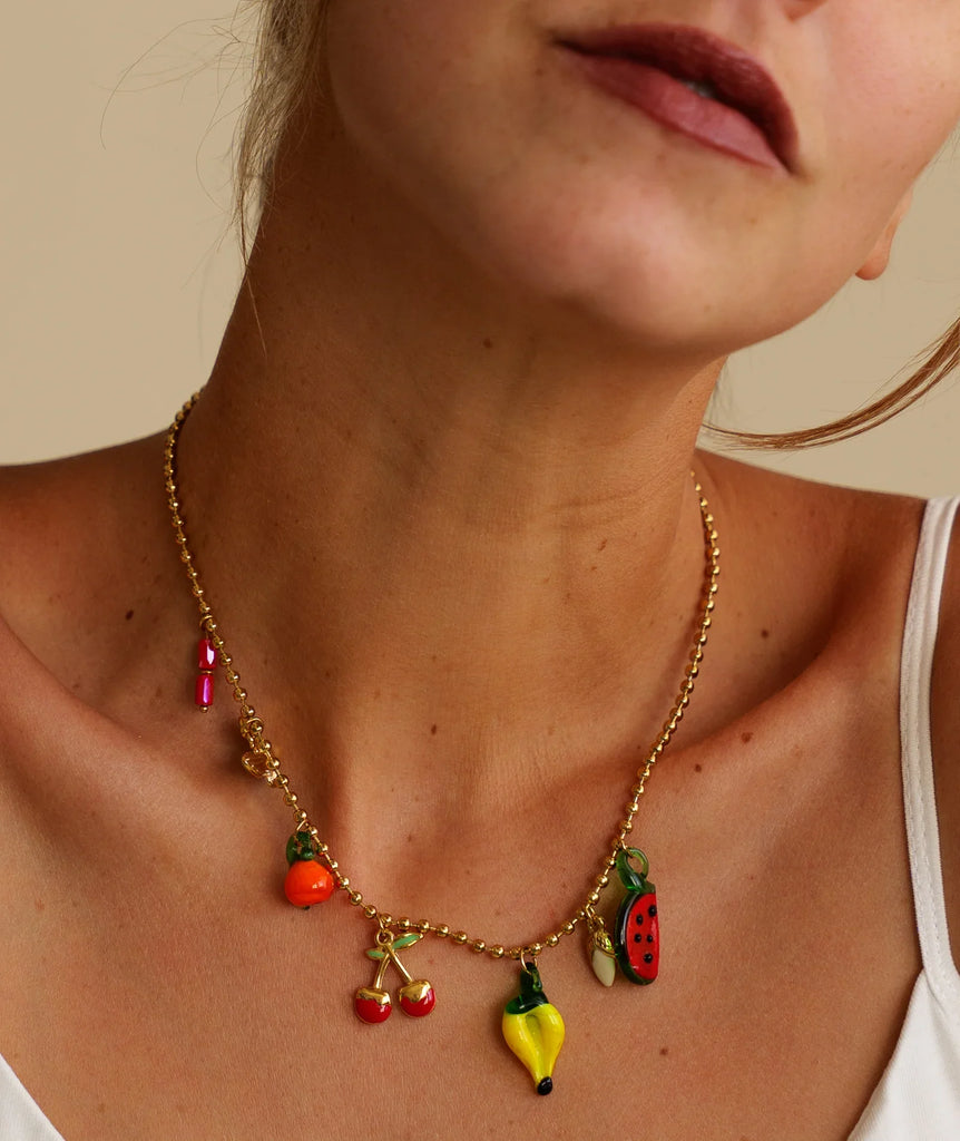 Bananarac Necklace — Gold chain fruit charms on model — MYFASHIONFRUIT