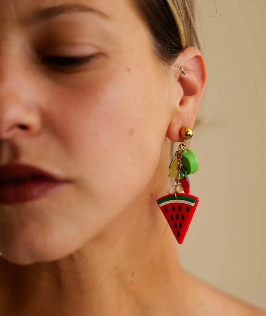 Watermelon Margarita Earrings — on model, detail of fruit earrings — MYFASHIONFRUIT