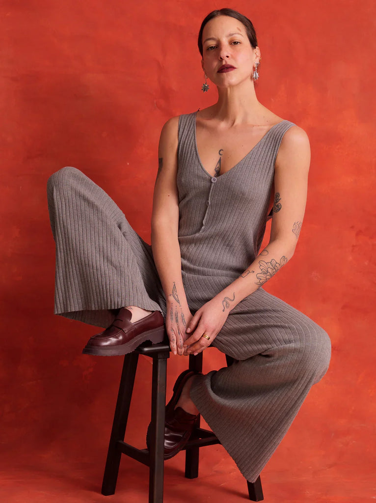 Laury Jumpsuit — Gray ribbed knit on model — MYFASHIONFRUIT
