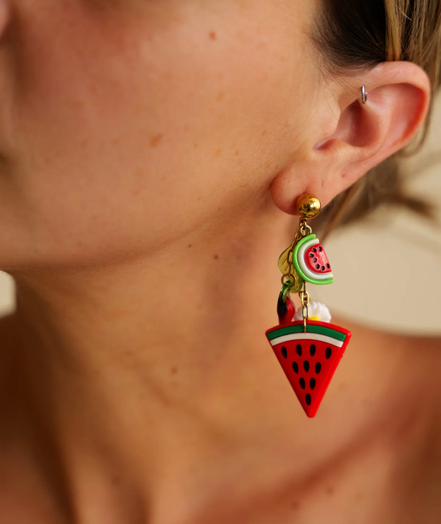 Watermelon Margarita Earrings — detail, watermelon charms on model — MYFASHIONFRUIT