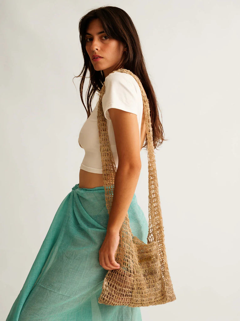 Uttara Shoulder Bag — Tan crochet on model — MYFASHIONFRUIT