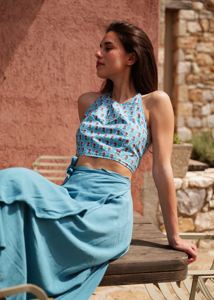 Mehar Double-sided Top — blue floral halter on model — MYFASHIONFRUIT