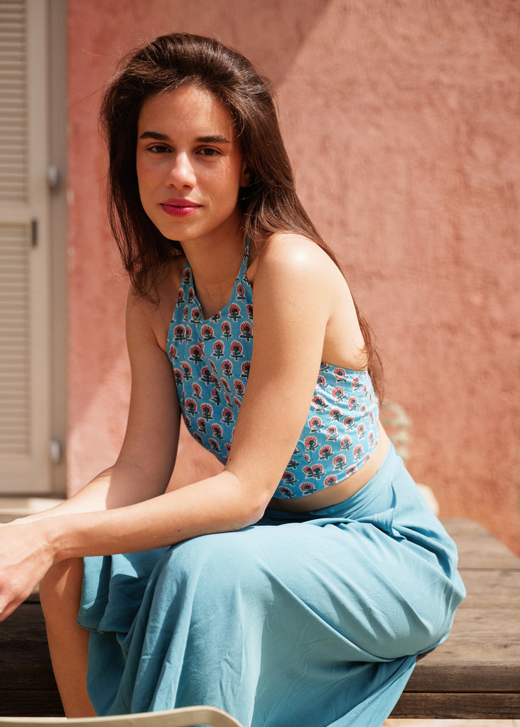 Mehar Double-sided Top — Floral blue on model — MYFASHIONFRUIT