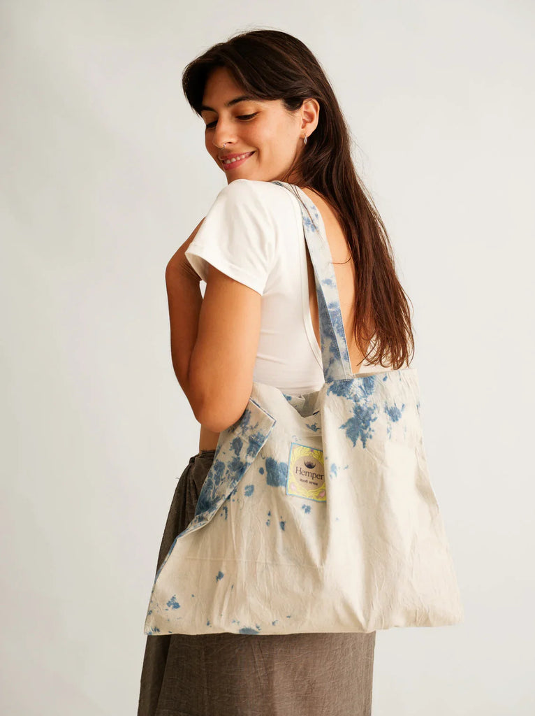 Moon Tote — Canvas tote bag with blue dye, on model — MYFASHIONFRUIT