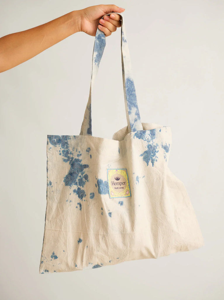 Moon Tote — Beige cotton tote with blue dye spots — MYFASHIONFRUIT