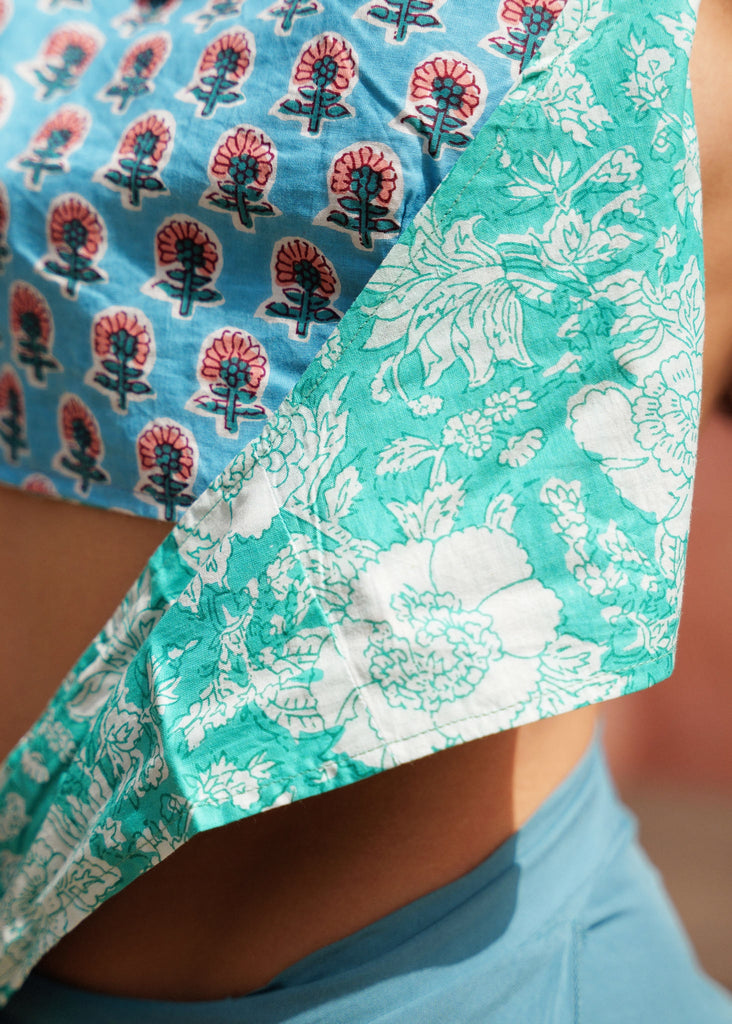 Mehar Double-sided Top — detail of floral print on model — MYFASHIONFRUIT