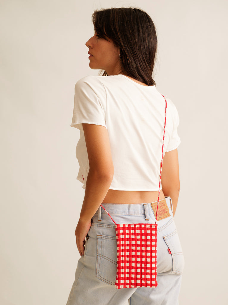 Annabelle Crossbody Phone Bag — Red gingham bag on model — MYFASHIONFRUIT