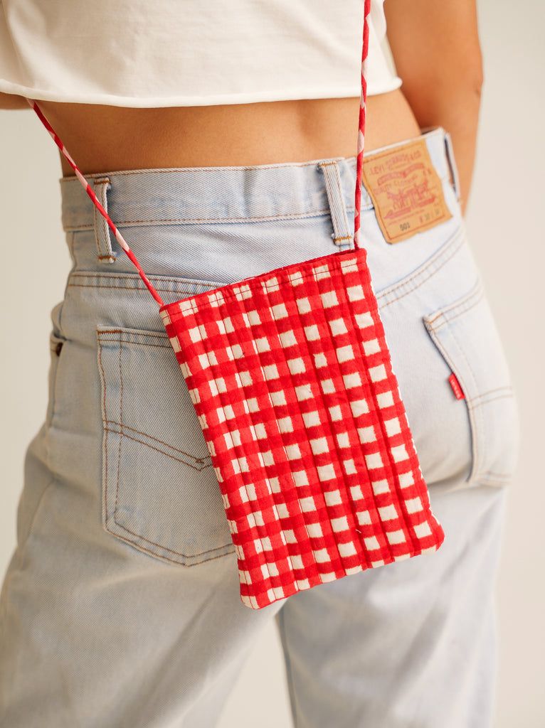 Annabelle Crossbody Phone Bag — Red gingham bag on model — MYFASHIONFRUIT