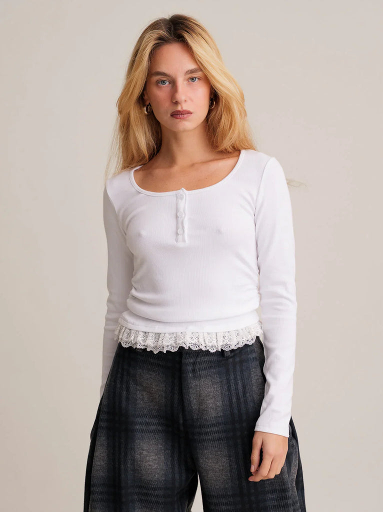 Calvina Top — White top with lace, on model — MYFASHIONFRUIT