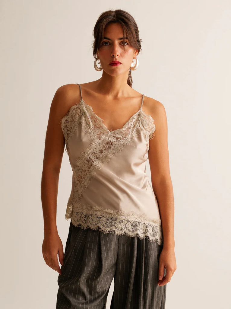 Zoey Top — Beige lace camisole on model — MYFASHIONFRUIT