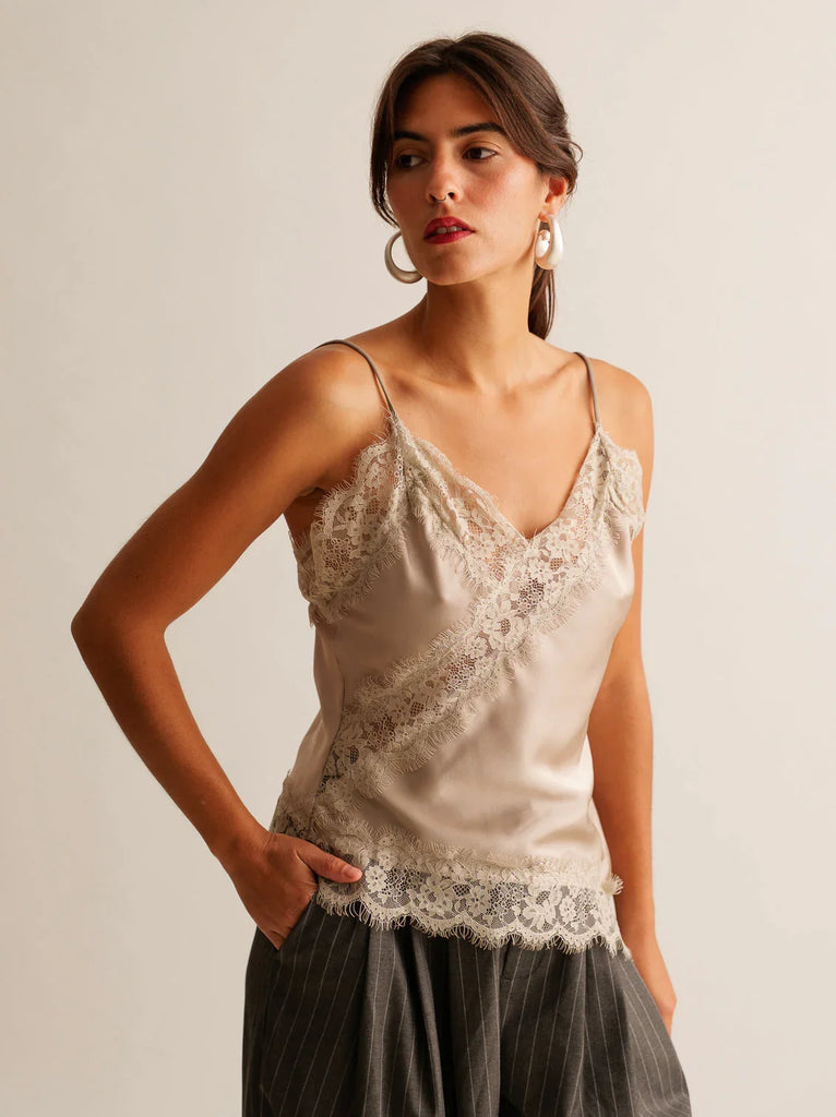 Zoey Top — silk lace camisole on model — MYFASHIONFRUIT