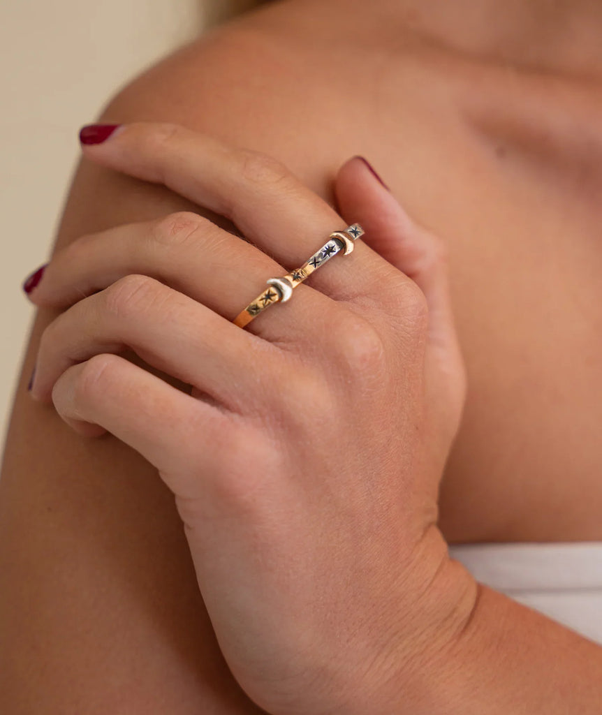 Nox Ring — Gold band on model, star and moon details — MYFASHIONFRUIT