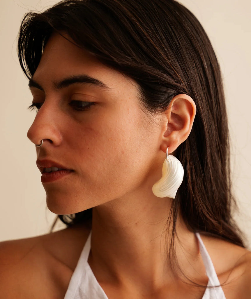 Ianassa Earrings — White statement earrings on model — MYFASHIONFRUIT