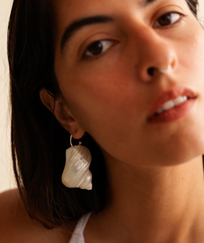 Ianassa Earrings — White shell on model, detail — MYFASHIONFRUIT