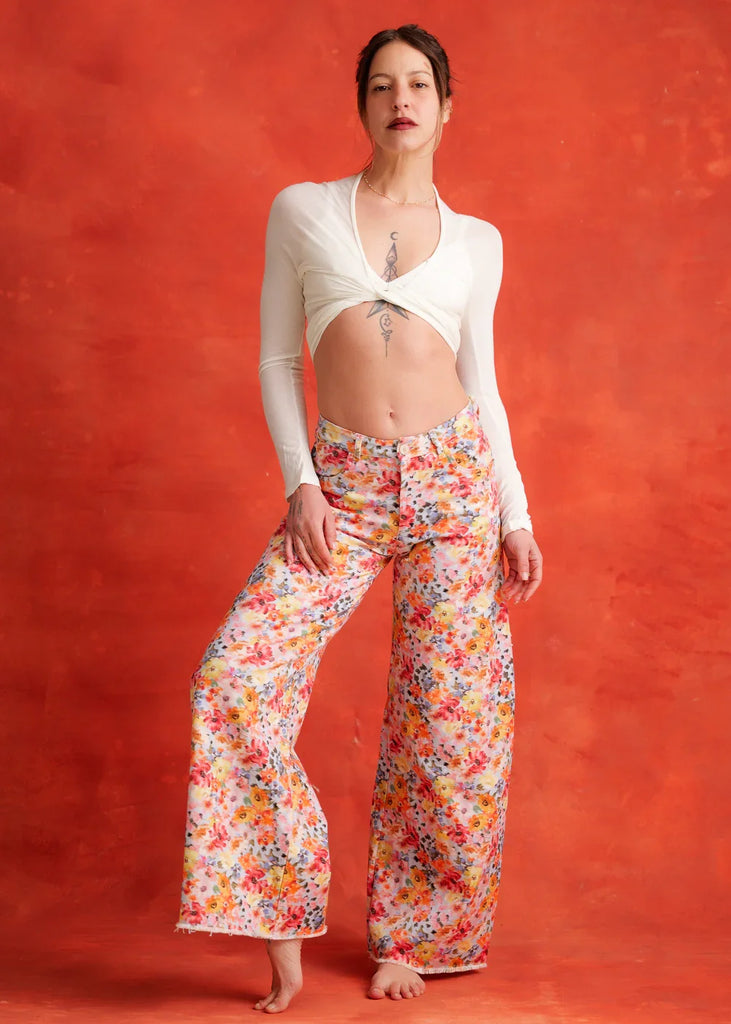 Pua Jeans — Floral wide leg jeans on model — MYFASHIONFRUIT