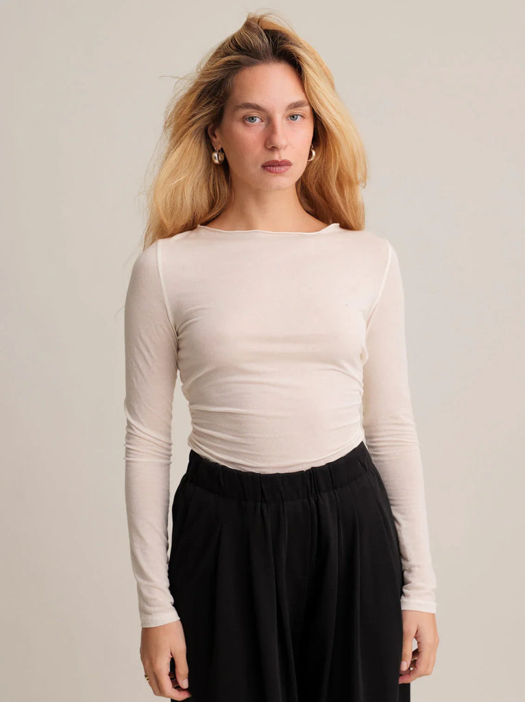 Damiane Top — Sheer beige top on model — MYFASHIONFRUIT