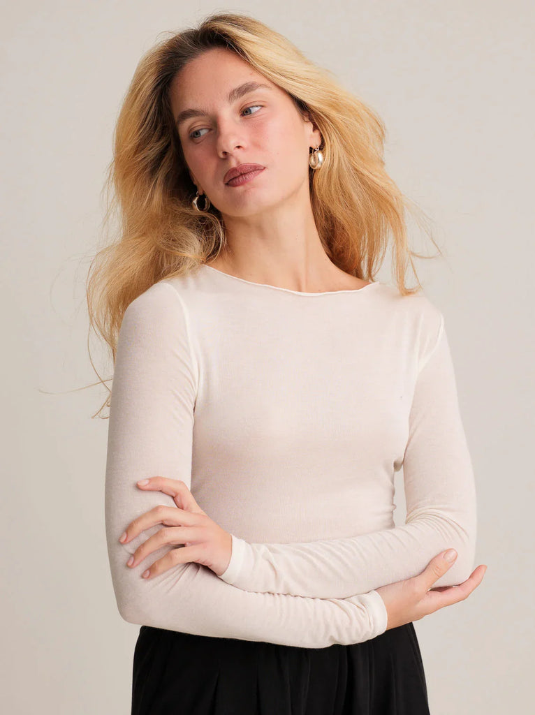 Damiane Top — Beige long sleeve on model — MYFASHIONFRUIT