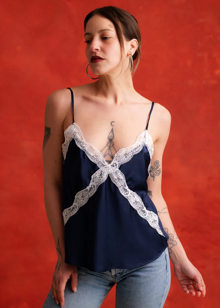 Betsy Top — Navy cami top with lace, on model — MYFASHIONFRUIT