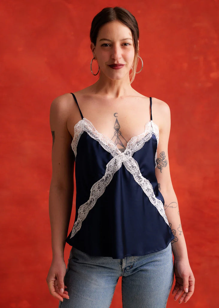 Betsy Top — Navy lace trim cami on model — MYFASHIONFRUIT